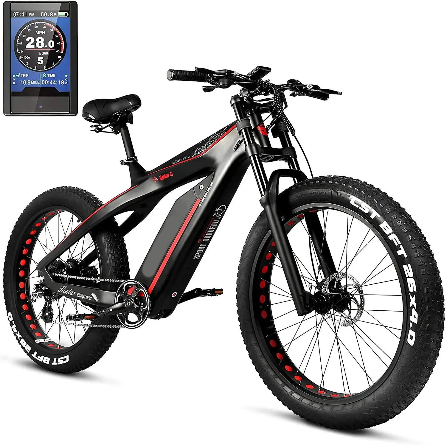 26*4 Tire Carbon Fiber Frame 8-speed Brushless Motor 48V 15AH Lithium Battery Electric Mountain Sports Bicycle Dual Disc Brake 