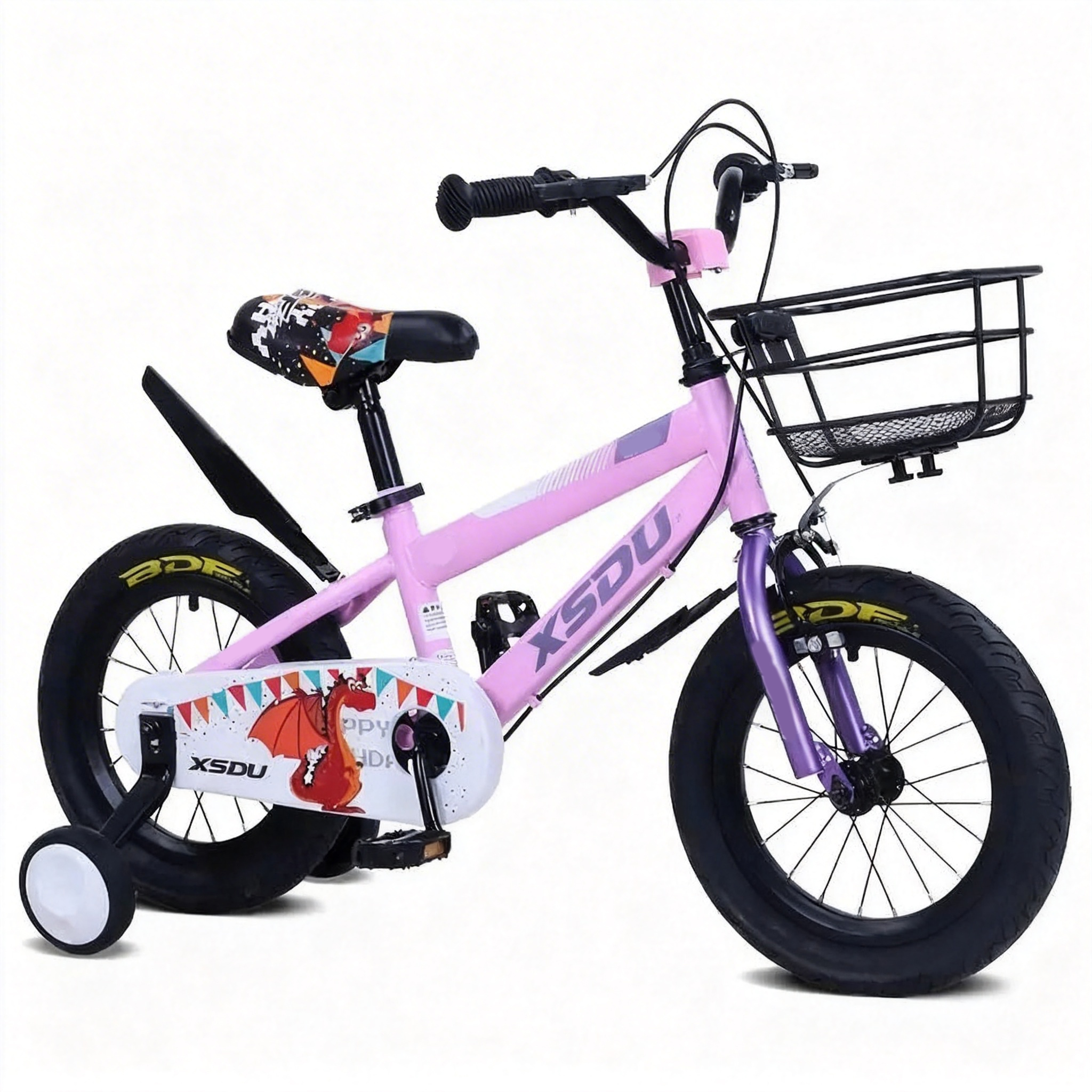 Cheaper Kids Bicycle Boys and Girls 14/16 Inch Steel Fork Disc Brake Single Speed Full Suspension Training Wheels Pink 